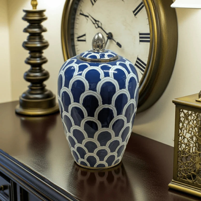 Ceramic Urn Navy Scallop High-Gloss Gold