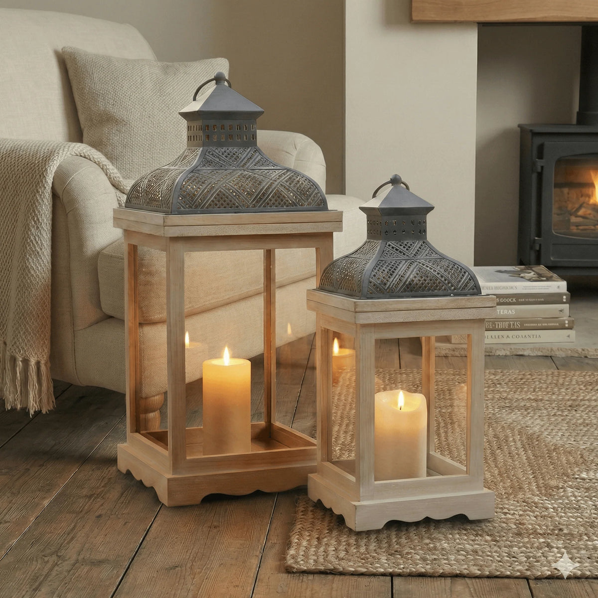 Pine Wood Lantern Set Diamond Vents