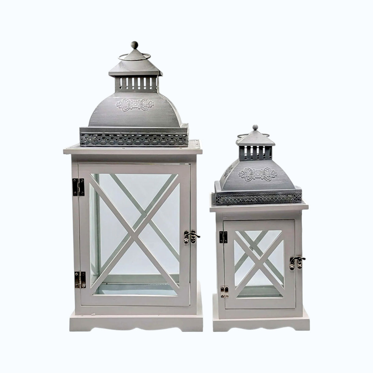 Wooden Lantern Set Glass Panel Antique White