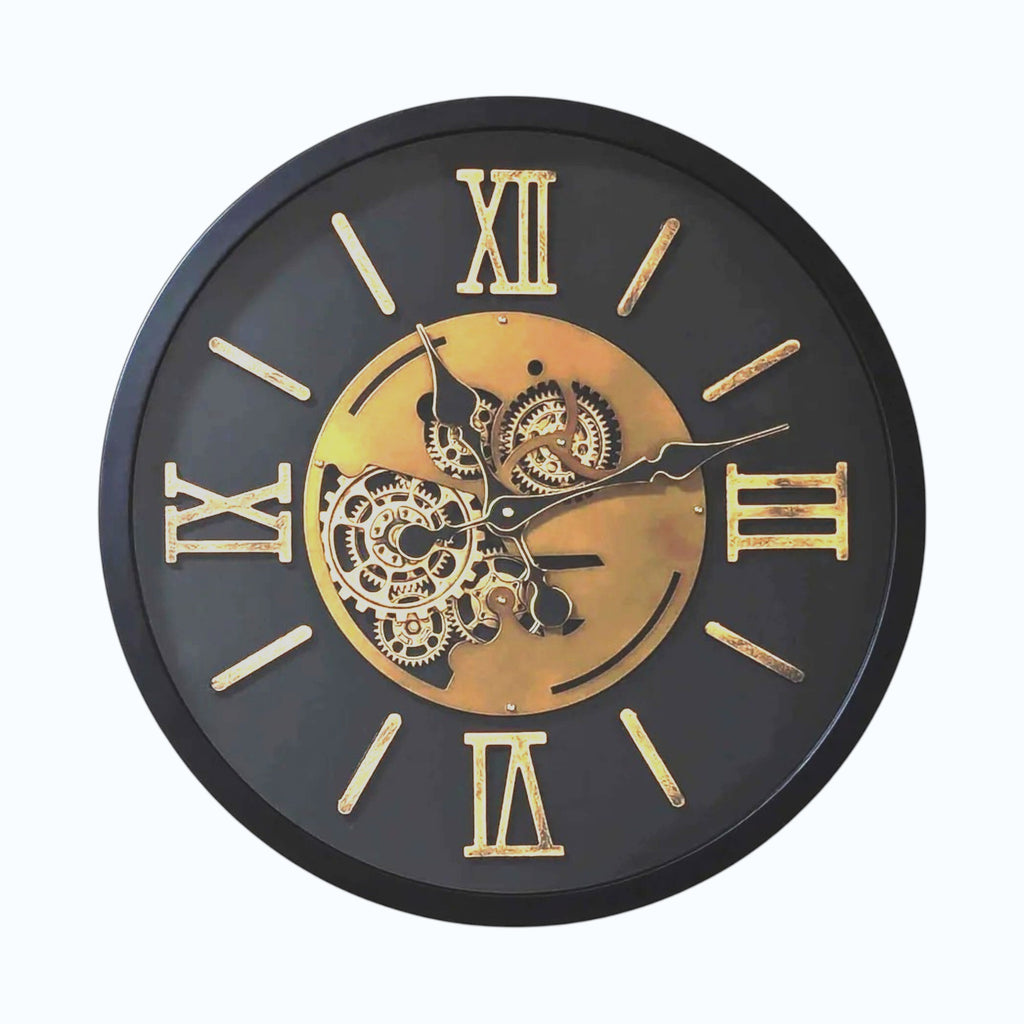 Industrial Wall Clock Silent Quartz 58cm featuring black background and gold Roman numerals with gear detailing.