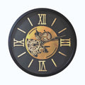 Industrial Wall Clock Silent Quartz 58cm featuring black background and gold Roman numerals with gear detailing.