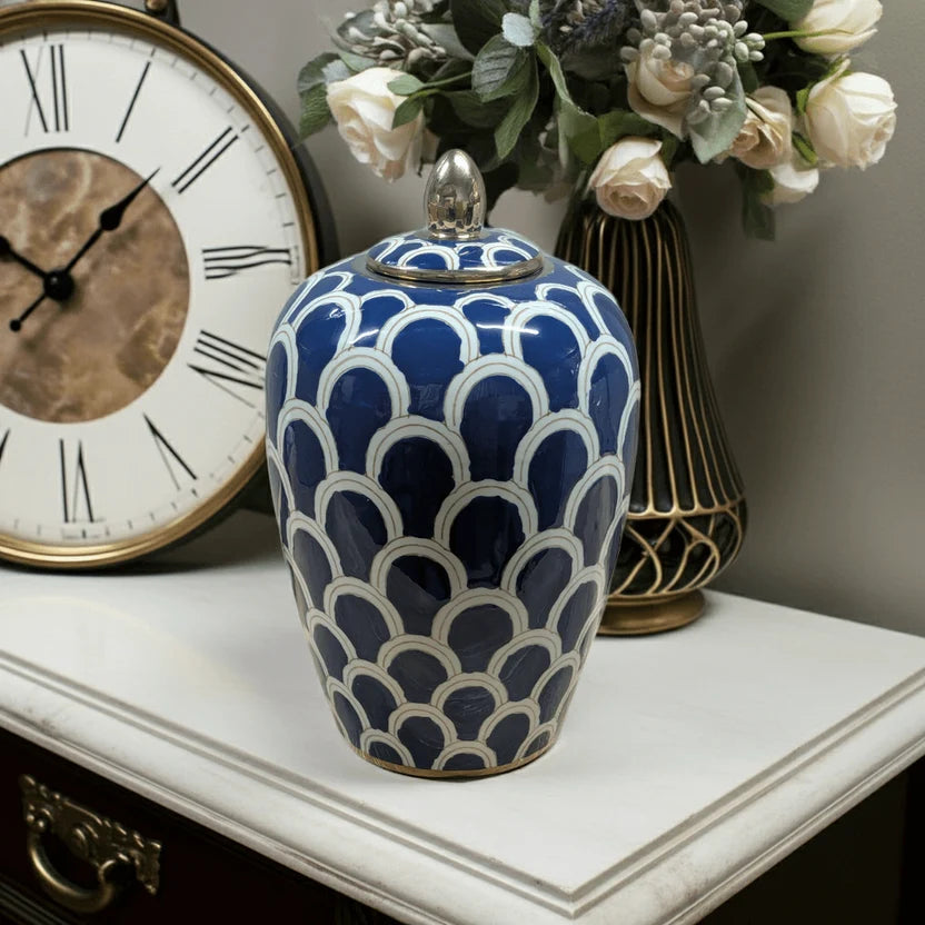 Ceramic Urn Navy Scallop High-Gloss Gold
