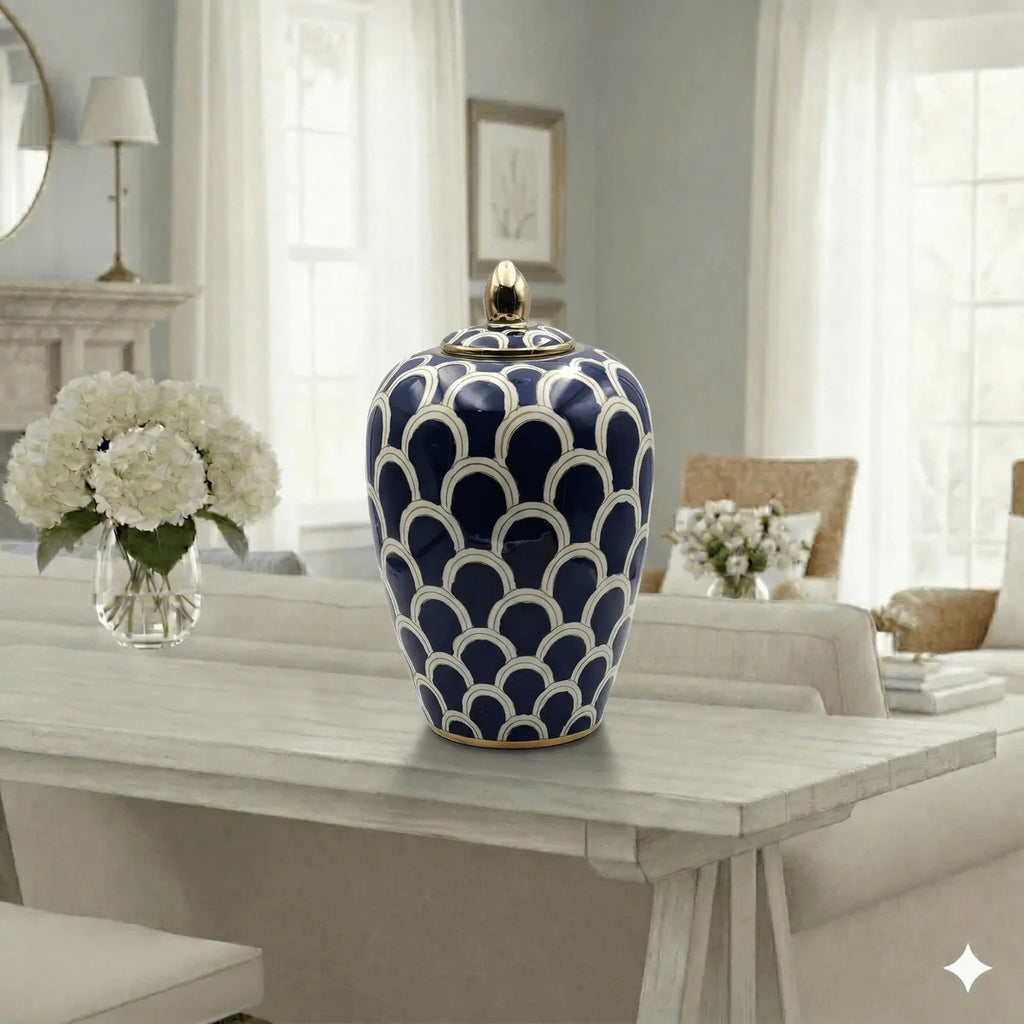 Ceramic Urn Navy Scallop High-Gloss Gold