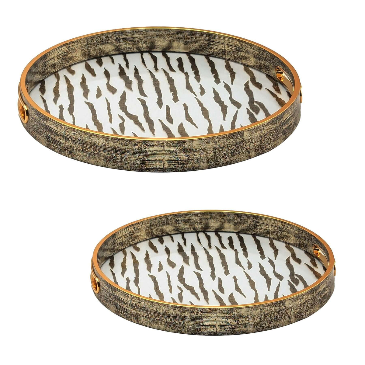 Set of two round serving trays with glass base, wood handles and champagne gold accents