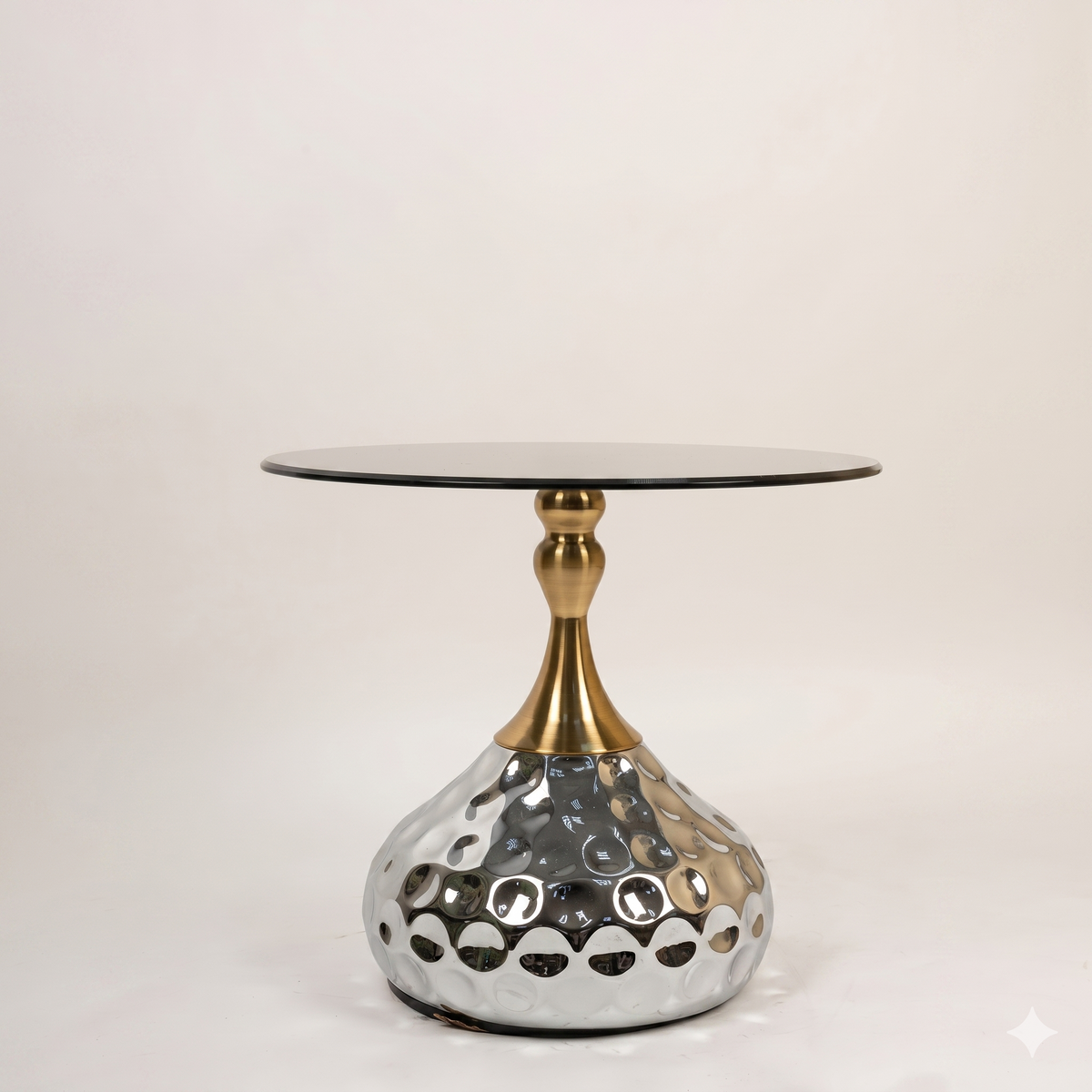 Smoked glass side table with hammered mirror-polished base and satin gold stem