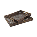 Set of two rectangular timber and glass serving trays with spiral pattern and brass-finish handles