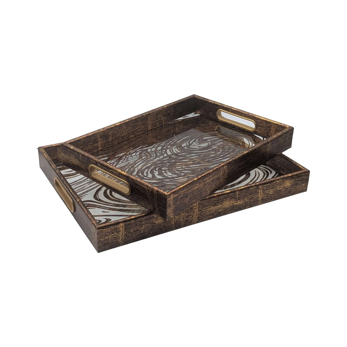Set of two rectangular timber and glass serving trays with spiral pattern and brass-finish handles