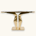 Modern faux marble console table with metallic gold geometric base and high-gloss top