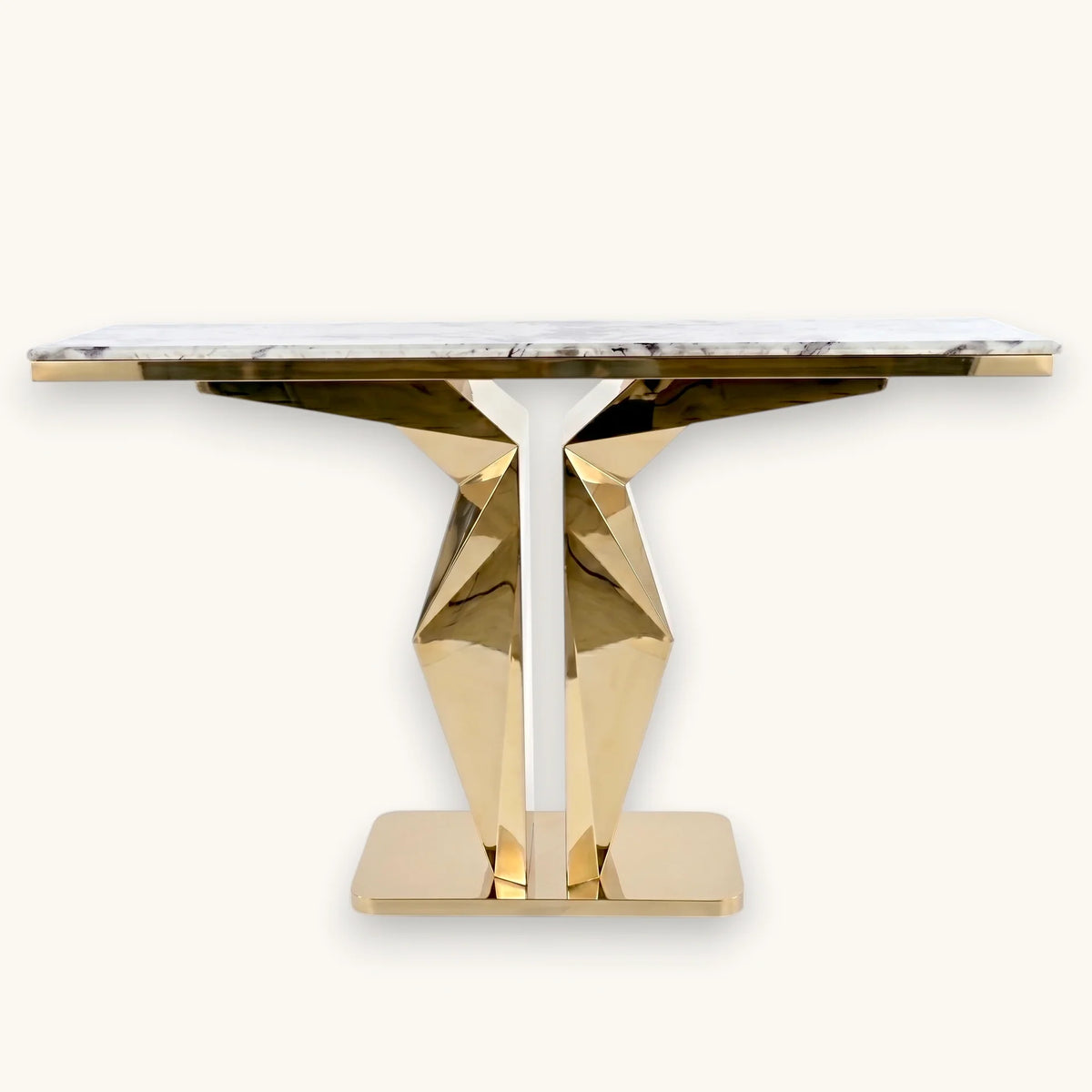 Modern faux marble console table with metallic gold geometric base and high-gloss top