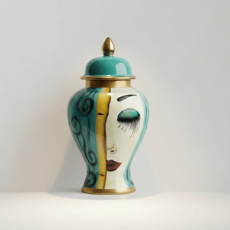 Ceramic jar vase with painted abstract face and gold, turquoise accents