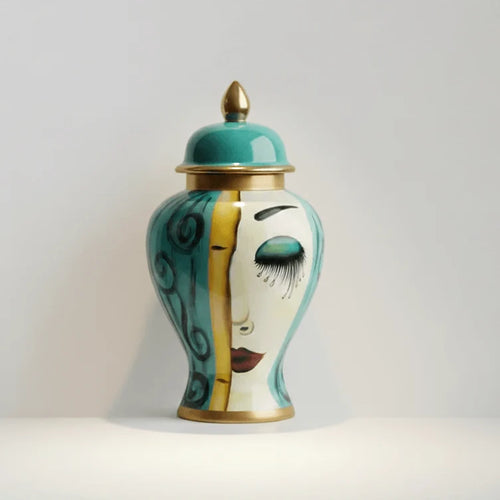 Ceramic jar vase with painted abstract face and gold, turquoise accents