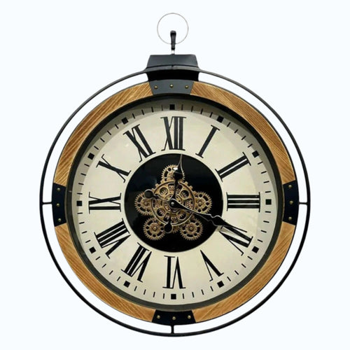 Champs Elysees white gearmoving wall clock with black Roman numerals and visible metal gears