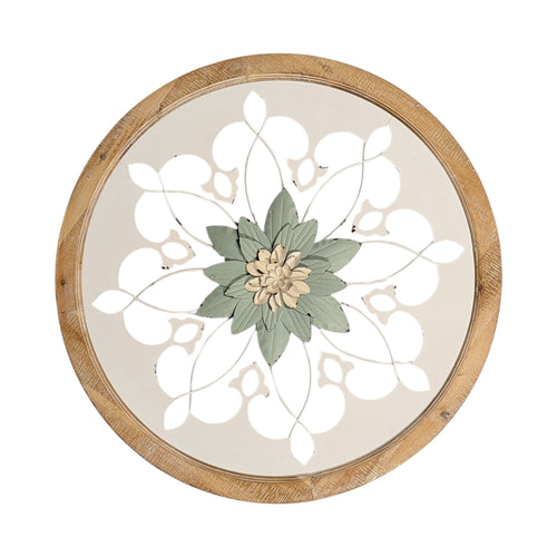 Carved wood round wall art frame with natural wood and white wash finish featuring intricate floral design