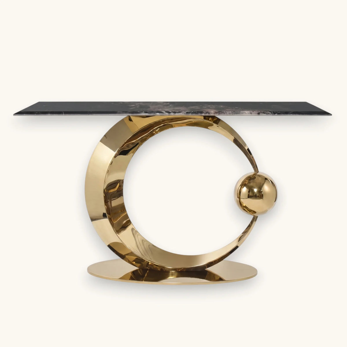Console table with polished black marble top and mirror-polished gold base
