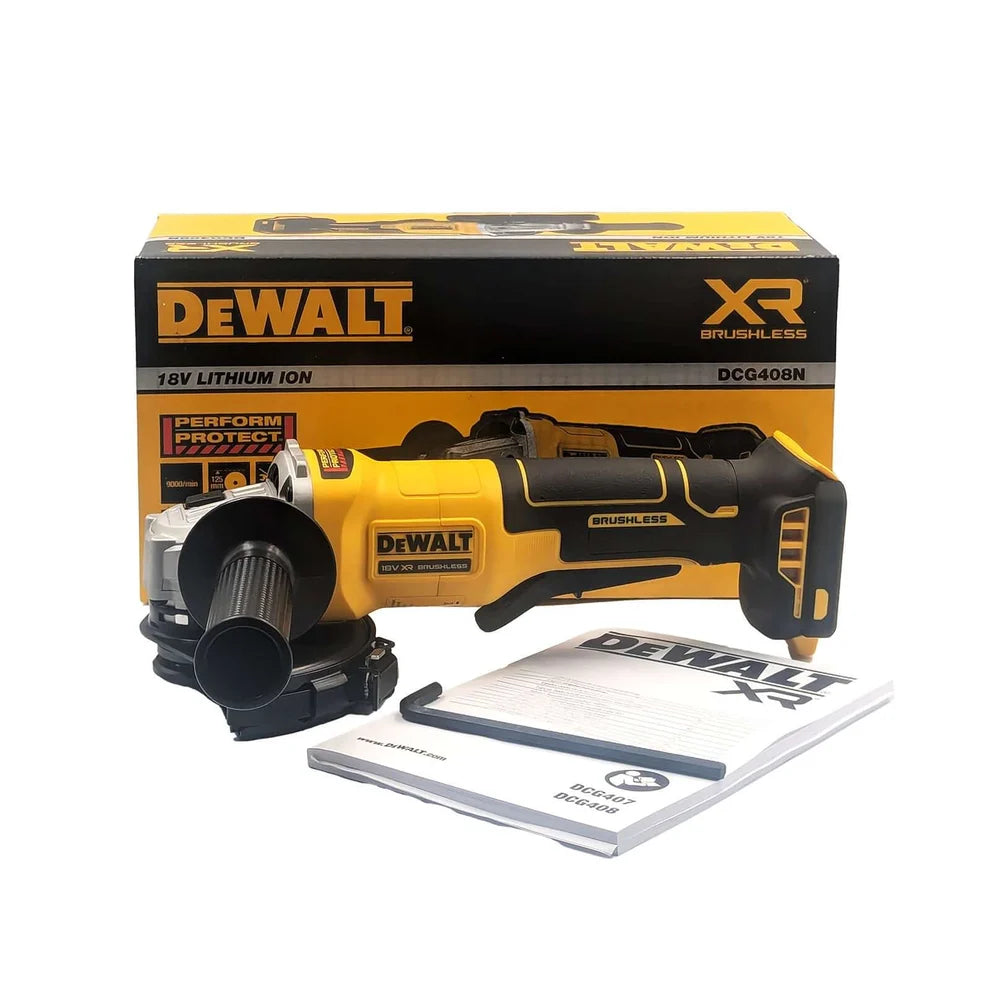 DeWalt 18V XR Brushless Angle Grinder DCG408N-XJ tool skin, with box and manuals