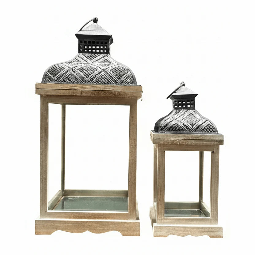 Set of two pine wood lanterns with charcoal iron mesh tops and tempered glass panels