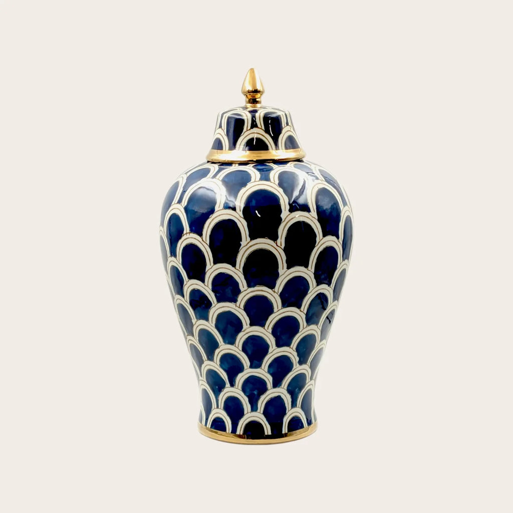 High-gloss navy blue ceramic ginger jar with gold and white geometric pattern