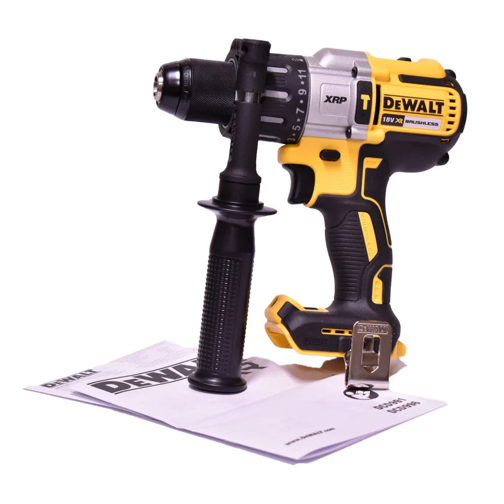 DeWalt 18V Brushless Hammer Drill Driver DCD996N-XE with auxiliary handle and manual