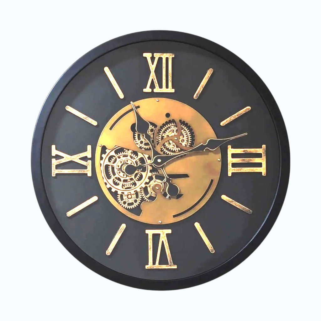 Industrial Wall Clock Silent Quartz 58cm with black background and gold Roman numerals, showcasing exposed gears.