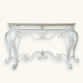 Distressed antique white console table with solid timber top and ornate iron framework