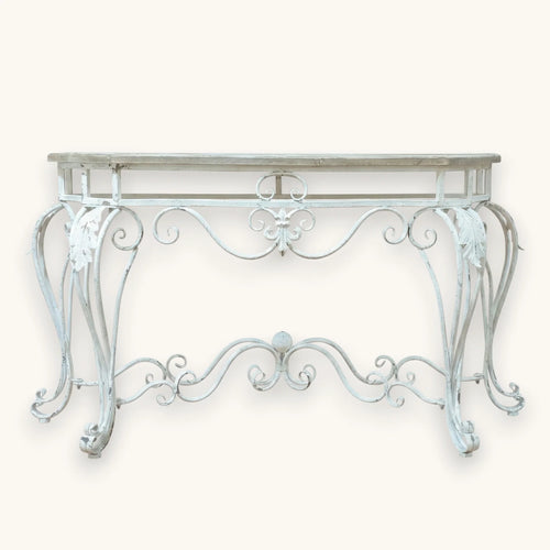 Distressed antique white console table with solid timber top and ornate iron framework