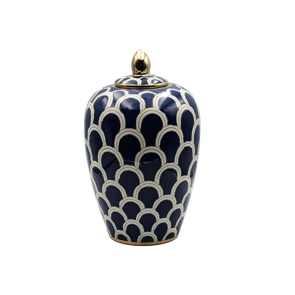 Navy ceramic urn with scallop pattern and gold accents, high-gloss finish, removable lid