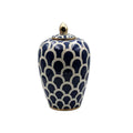 Navy ceramic urn with scallop pattern and gold accents, high-gloss finish, removable lid