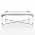 Modern acrylic and glass coffee table with chrome finish and cross-braced stainless steel frame