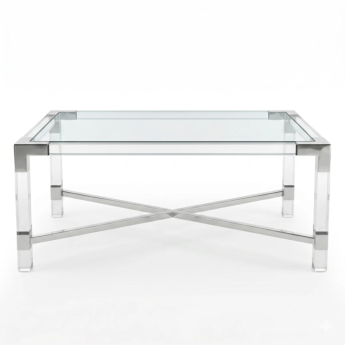 Modern acrylic and glass coffee table with chrome finish and cross-braced stainless steel frame