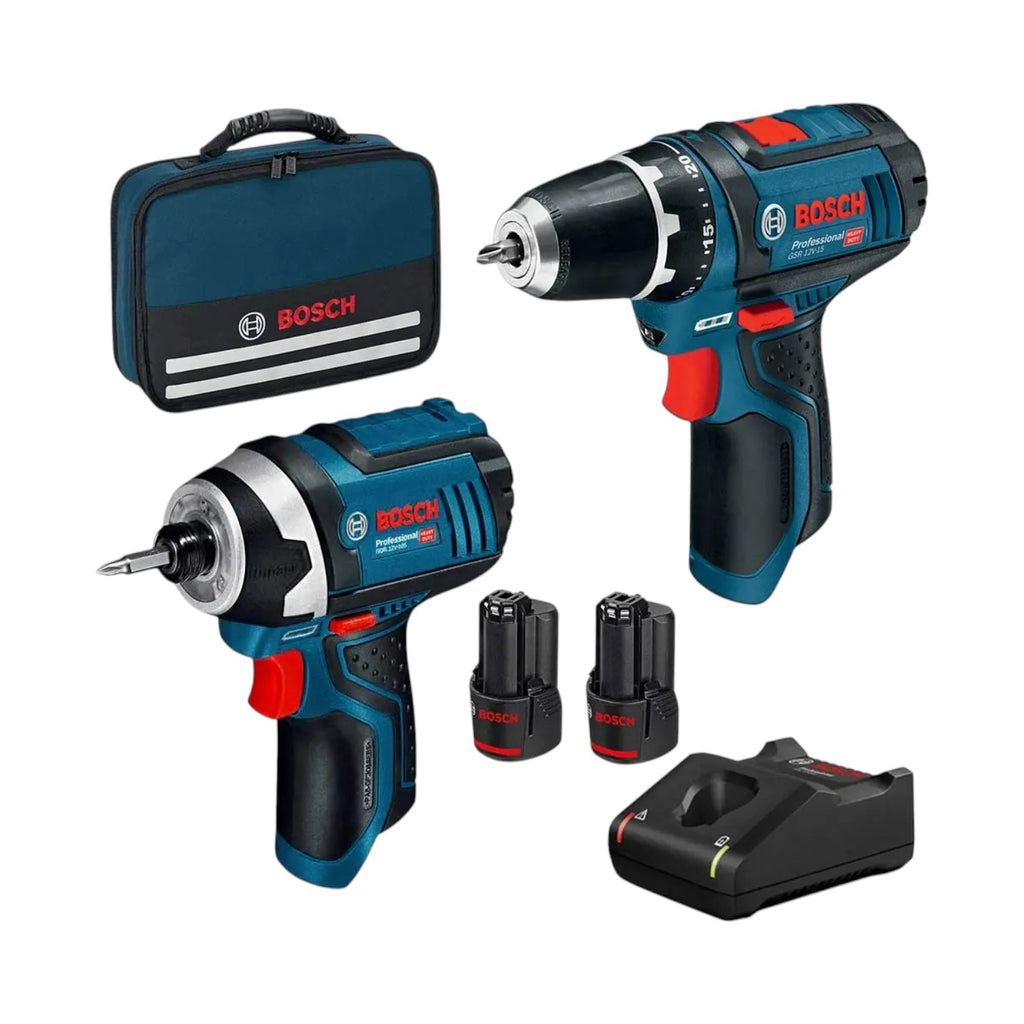 Bosch 2 Piece 12V combo kit with two cordless tools, batteries, charger and carry case