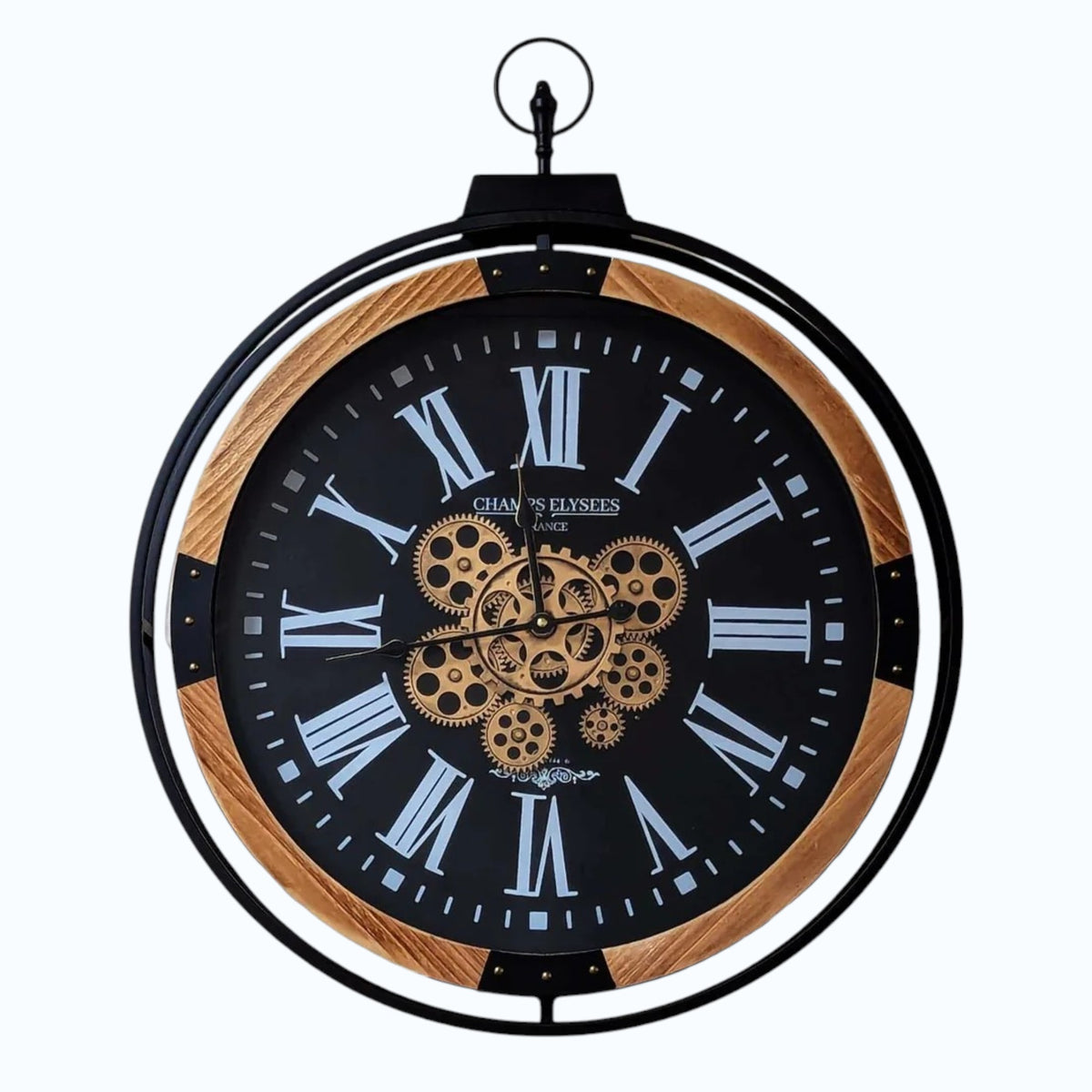 Champs Elysees industrial gear wall clock close-up showing Roman numerals and gold gears