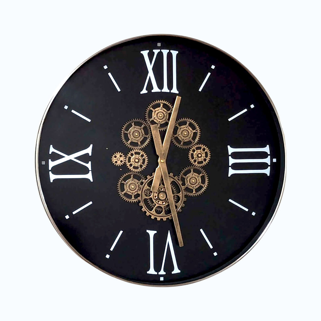 Industrial wall clock with moving gold gears and black face