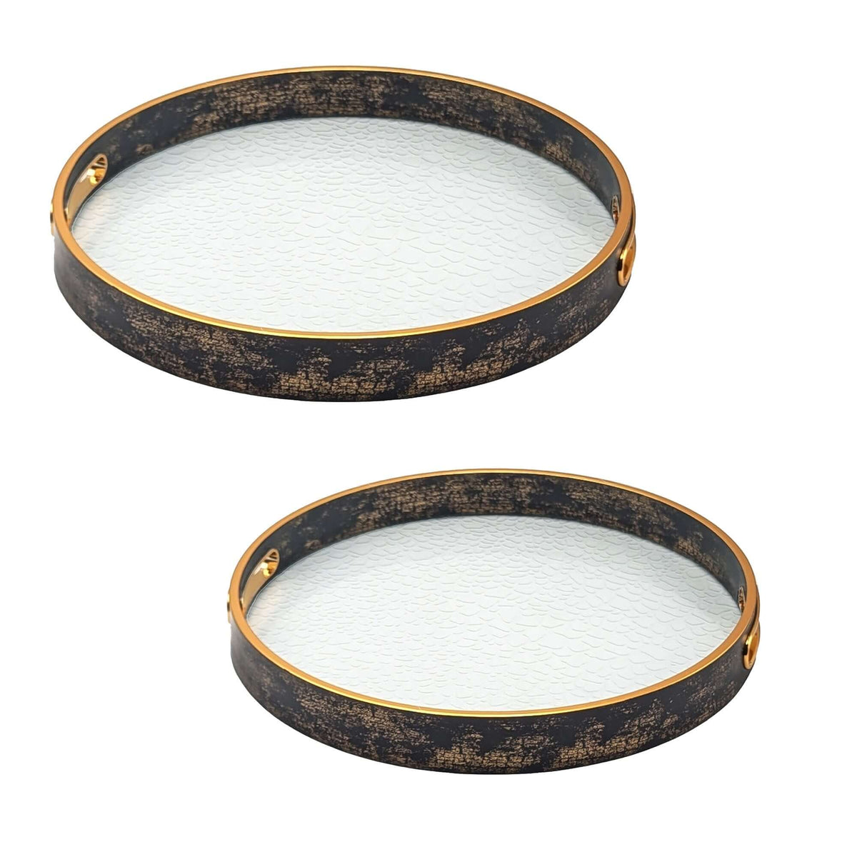 Set of two round nesting trays with glass base, gold metallic rim, and wood grain finish