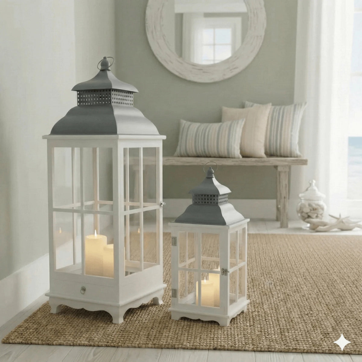Set of two wood and metal lanterns with tempered glass panels on a neutral rug in a stylish living room setting