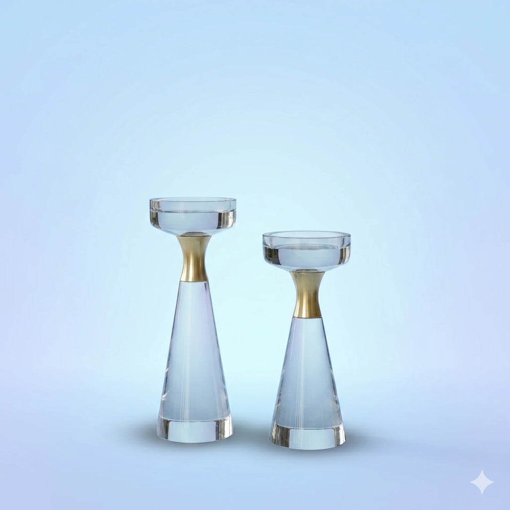 Set of two azure matte crystal and gold taper holders on light blue background