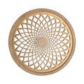 Large round wooden wall art frame with intricate geometric lattice design in natural timber and white contrast
