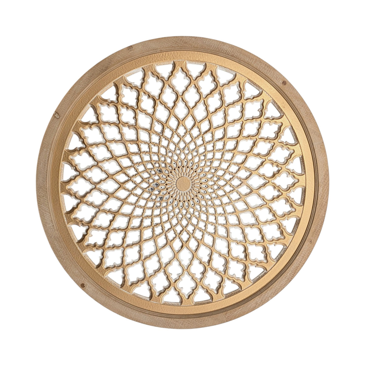 Large round wooden wall art frame with intricate geometric lattice design in natural timber and white contrast