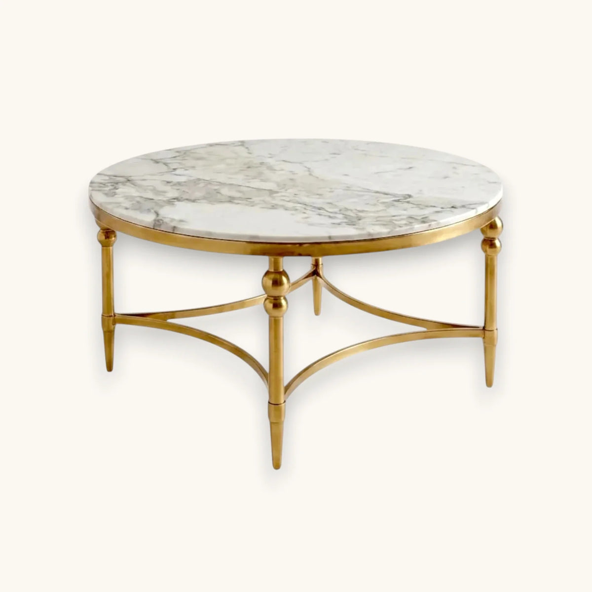 Round coffee table with faux marble top and high-gloss gold aluminium frame