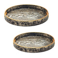 Set of two round glass serving trays with champagne gold rims, wood grain base, and natural wood handles