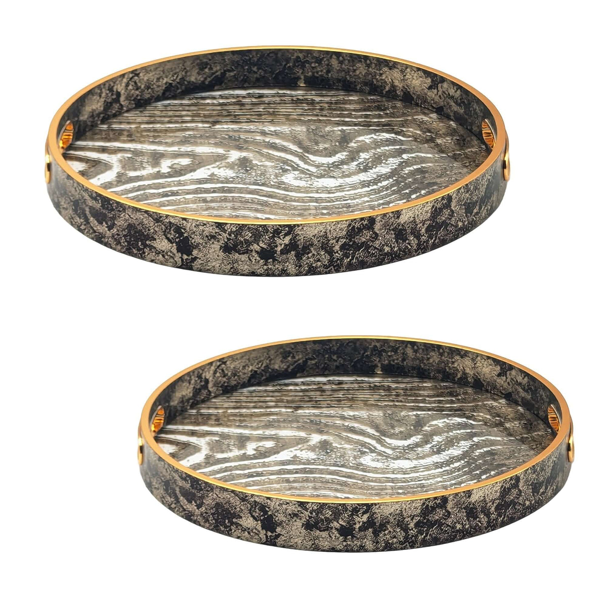 Set of two round glass serving trays with champagne gold rims, wood grain base, and natural wood handles