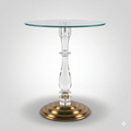 Round glass top side table with acrylic stem and brass-finish base