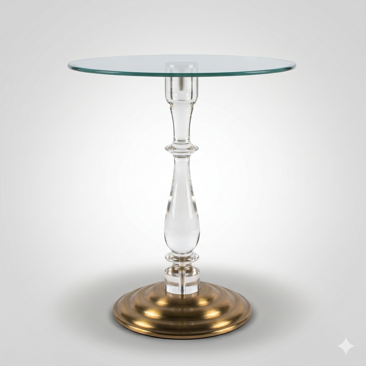 Round glass top side table with acrylic stem and brass-finish base