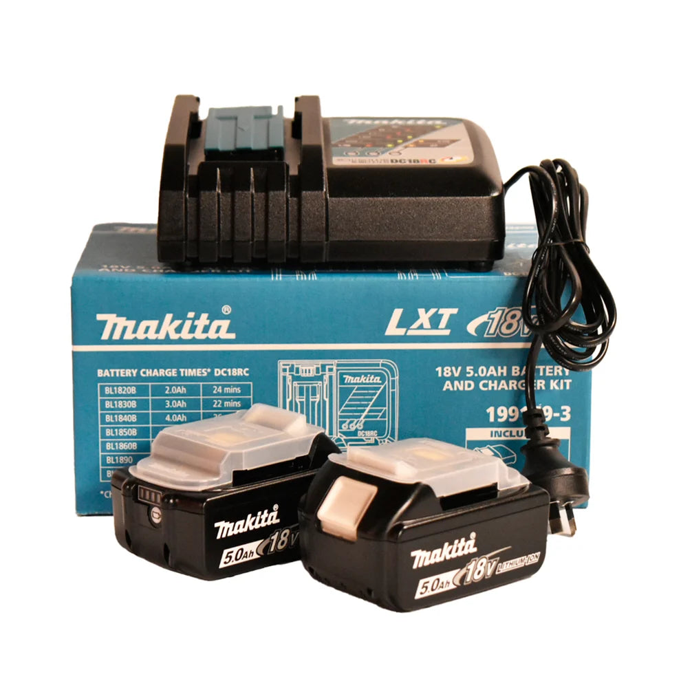 Makita 18V 5.0Ah battery and charger kit model 199179-3 with two batteries and charger displayed on retail box