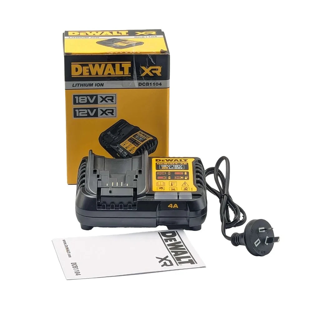 DeWalt DCB1104-XE multi-voltage charger with box, AU plug, and instruction manual