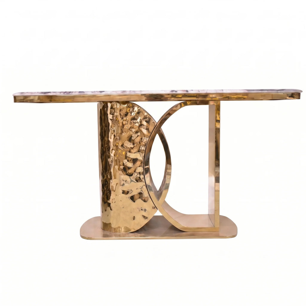 Console table with polished marble-effect sintered stone top and gold hammered stainless steel base
