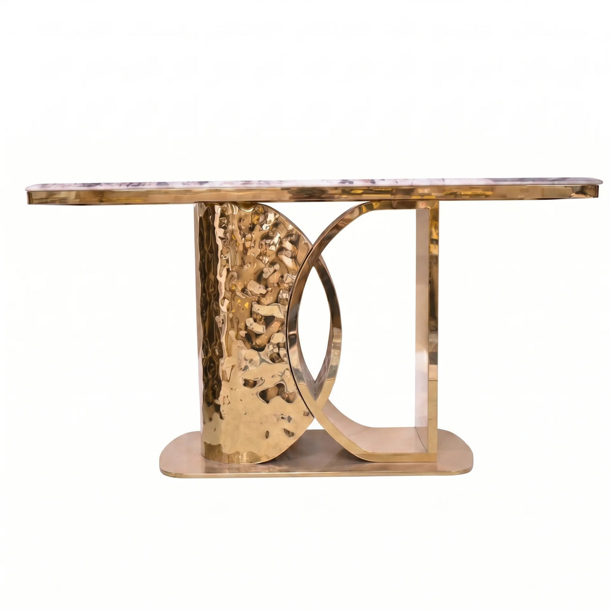 Console table with polished marble-effect sintered stone top and gold hammered stainless steel base