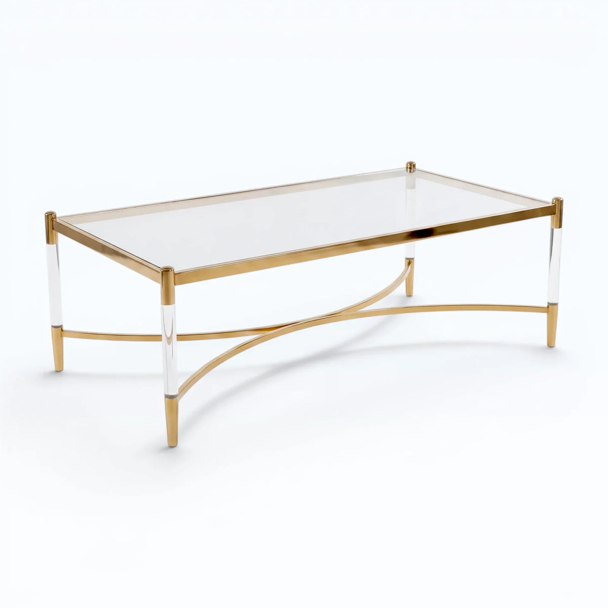 Rectangular glass coffee table with mirror-polished gold frame and clear acrylic legs