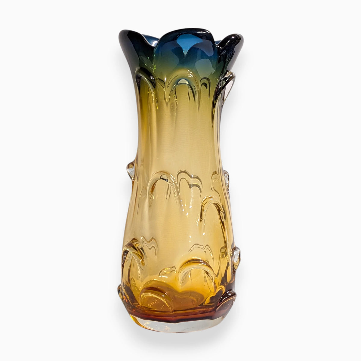 Hand-blown art glass vase with blue and amber gradient, translucent gloss finish