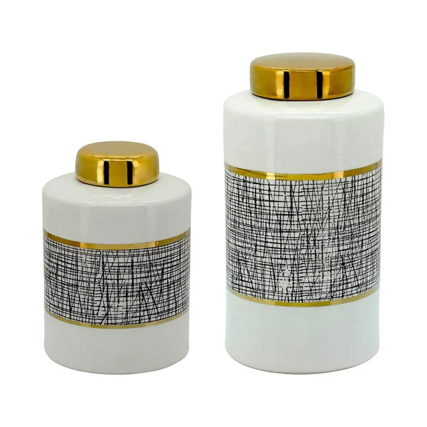 Set of two high-gloss porcelain jars with black linear pattern and gold lids