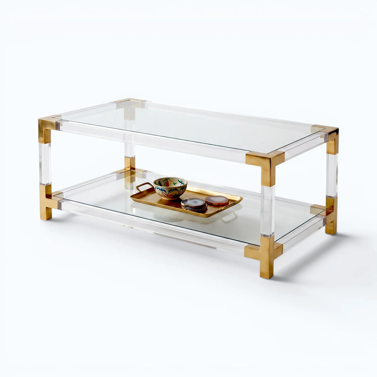 Minimalist clear acrylic coffee table with tempered glass and gold polished accents